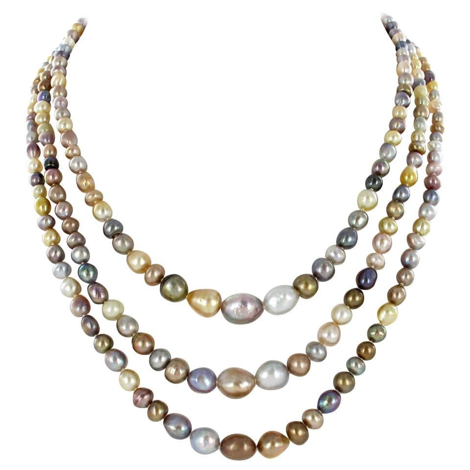 Spectacular 3-Strand Multicolored Natural Pearl Diamond Necklace