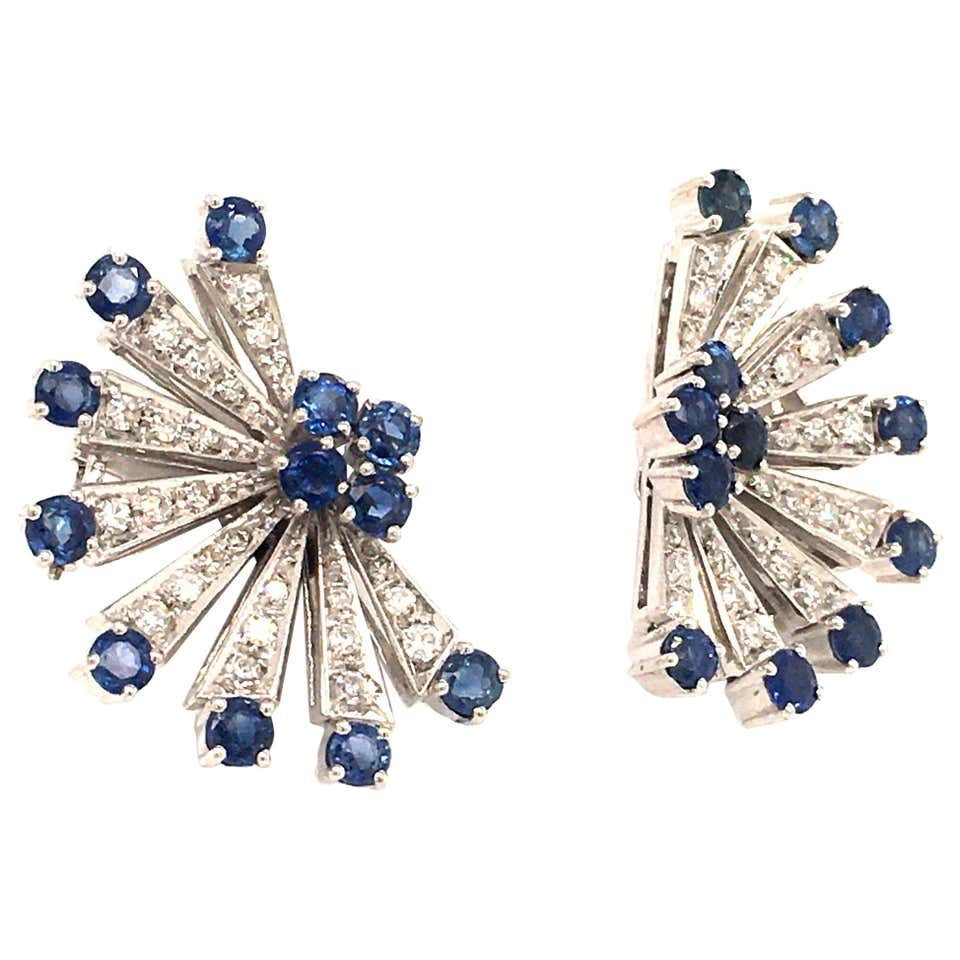Sapphire and Diamond Earclips in 18 Karat White Gold Sapphire and Diamond Earclips in 18 Karat White Gold
