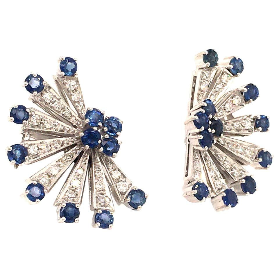 Sapphire and Diamond Earclips in 18 Karat White Gold