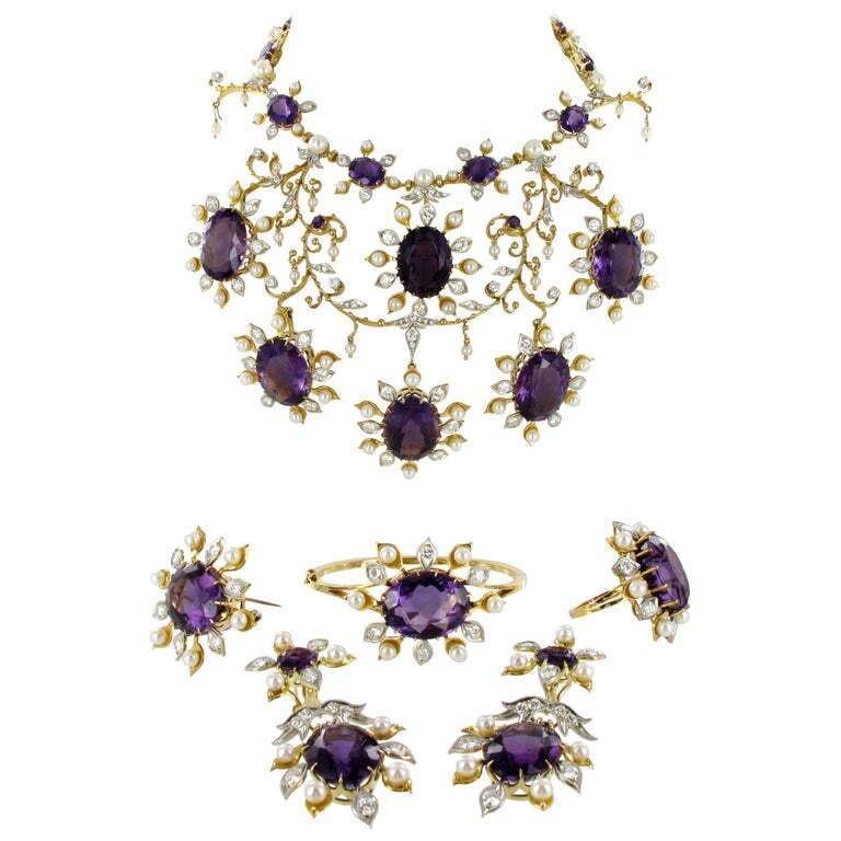 Spectacular Amethyst, Diamond and Pearl Suite in Yellow and White Gold