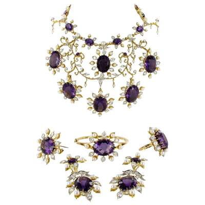 Spectacular Amethyst, Diamond and Pearl Suite in Yellow and White Gold