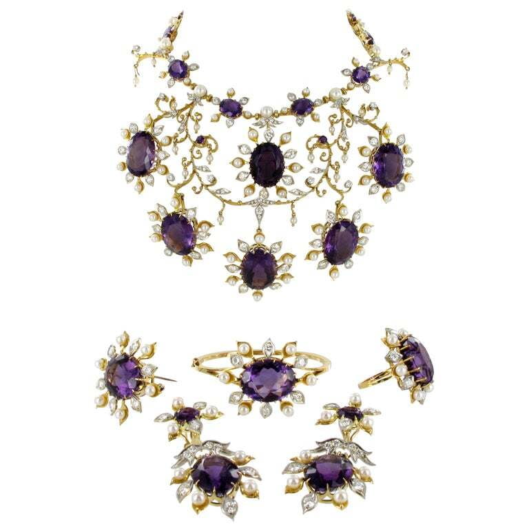 Spectacular Amethyst, Diamond and Pearl Suite in Yellow and White Gold Spectacular Amethyst, Diamond and Pearl Suite in Yellow and White Gold