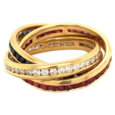 Diamond, Ruby and Sapphire Trinity Ring in Yellow Gold