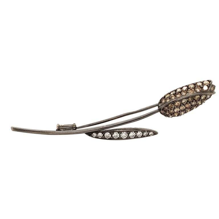 Blackened White Gold Brown and White Diamond Tulip Brooch