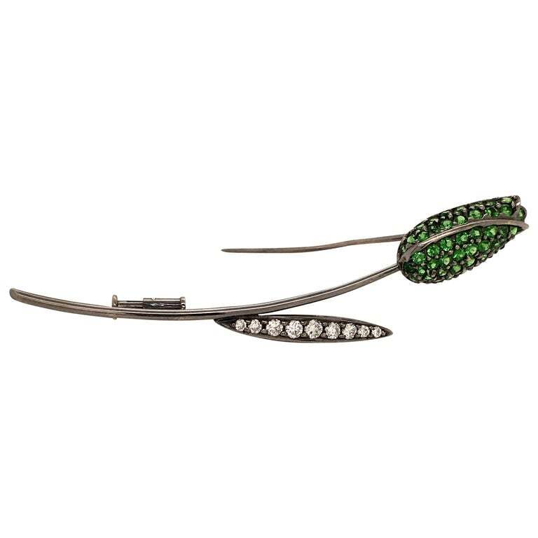 Blackened White Gold Tsavorite and Diamond Tulip Brooch Blackened White Gold Tsavorite and Diamond Tulip Brooch