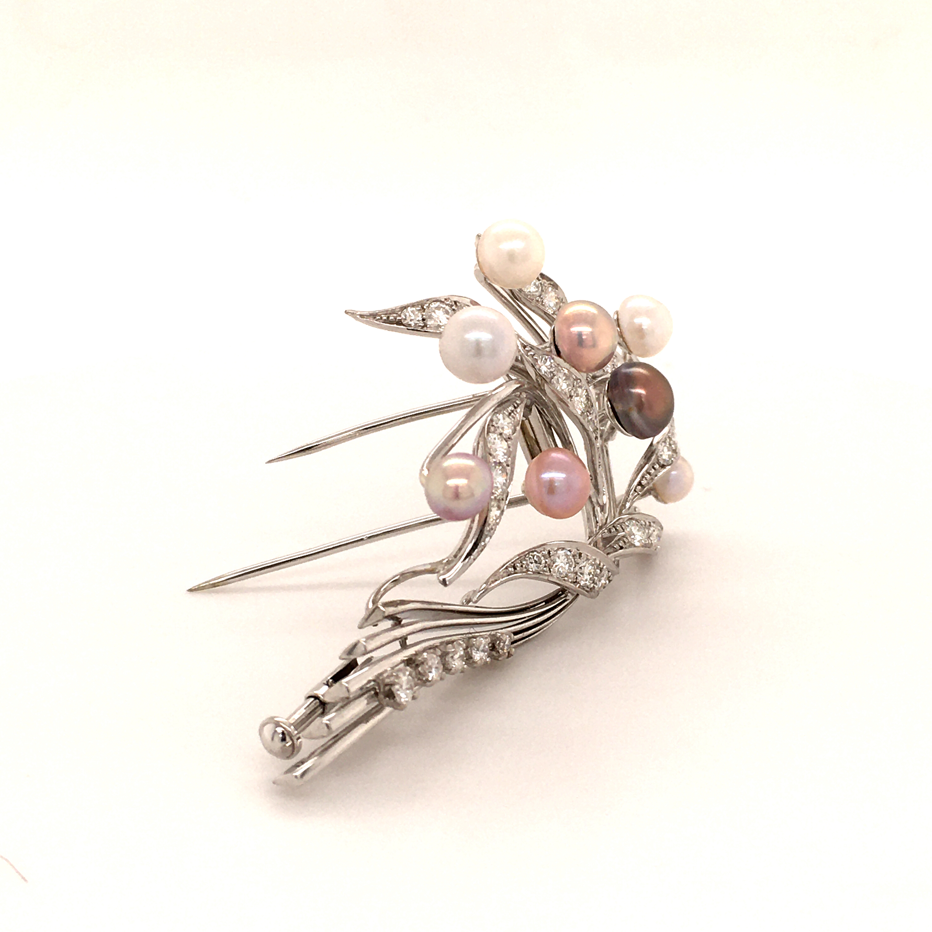 Gubelin Natural Pearls and Diamonds Brooch in 18 Karat White Gold