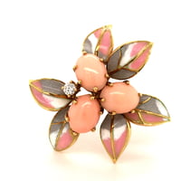 Lovely Coral and Diamond Enamel Brooch in 18 Karat Yellow Gold