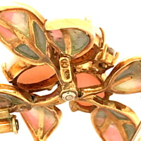 Lovely Coral and Diamond Enamel Brooch in 18 Karat Yellow Gold