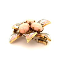Lovely Coral and Diamond Enamel Brooch in 18 Karat Yellow Gold