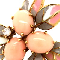 Lovely Coral and Diamond Enamel Brooch in 18 Karat Yellow Gold