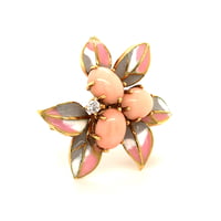 Lovely Coral and Diamond Enamel Brooch in 18 Karat Yellow Gold