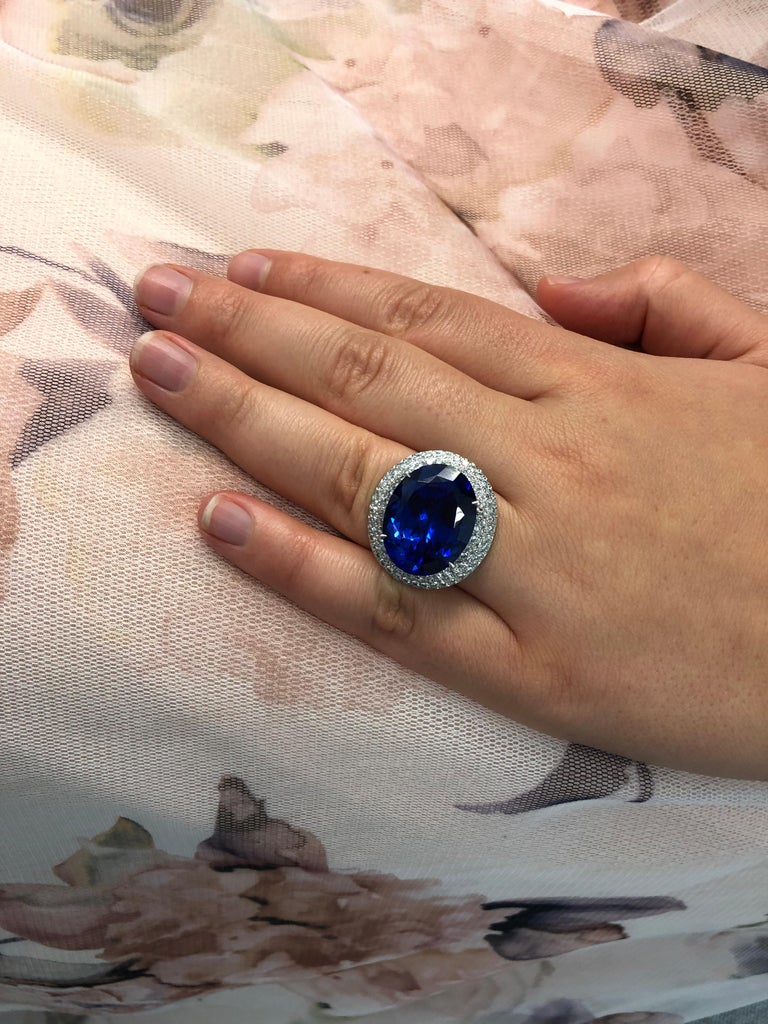 Spectacular 23.39 Carat Tanzanite and Diamond Ring in White Gold 18 Karat Spectacular 23.39 Carat Tanzanite and Diamond Ring in White Gold 18 Karat