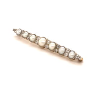 Bar Brooch with Old cut Diamonds and Natural Half Pearls