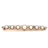 Bar Brooch with Old cut Diamonds and Natural Half Pearls