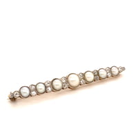 Bar Brooch with Old cut Diamonds and Natural Half Pearls