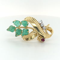 Gübelin Retro Brooch in 18 Karat Gold with Emeralds, Diamonds, and Ruby