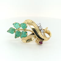 Gübelin Retro Brooch in 18 Karat Gold with Emeralds, Diamonds, and Ruby