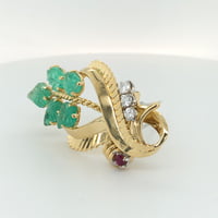 Gübelin Retro Brooch in 18 Karat Gold with Emeralds, Diamonds, and Ruby