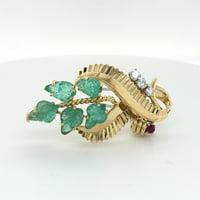 Gübelin Retro Brooch in 18 Karat Gold with Emeralds, Diamonds, and Ruby