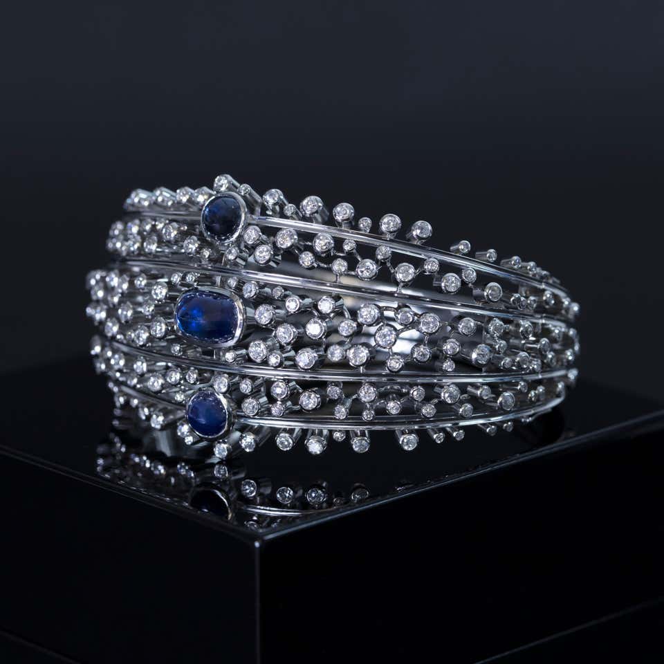 Decorative Sapphire and Diamond Bangle in White Gold 18 Karat Decorative Sapphire and Diamond Bangle in White Gold 18 Karat