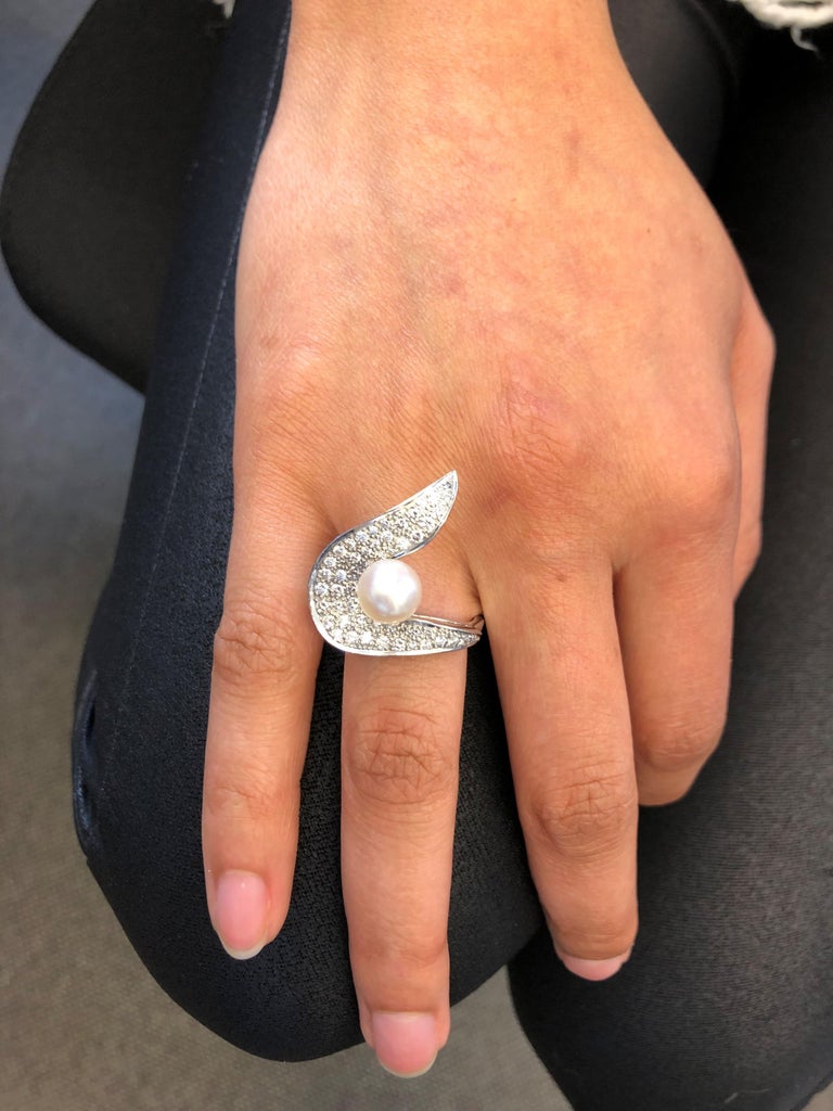 Modern Akoya Cultured Pearl and Diamond Ring in 18 Karat Gold Modern Akoya Cultured Pearl and Diamond Ring in 18 Karat Gold