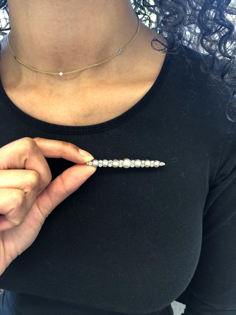 Bar Brooch with Old cut Diamonds and Natural Half Pearls